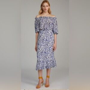 SALONI Grace off-the- shoulder Silk Midi Dress in Porcelain Print size 12 US